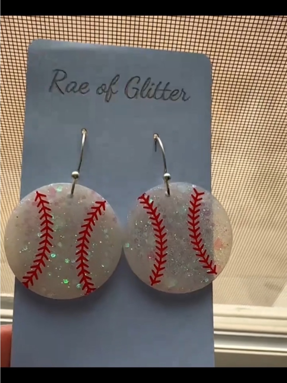 Rae of Glitter Baseball Dangle Earrings - White Glitter with Red Stitching